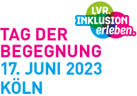 Pinke und blaue Schrift auf weißem Untergrund "Tag der Begegnung" und "17. Juni 2023 Köln" mit dem "LVR. Inklusion erleben."-Logo oben rechts in der Ecke
